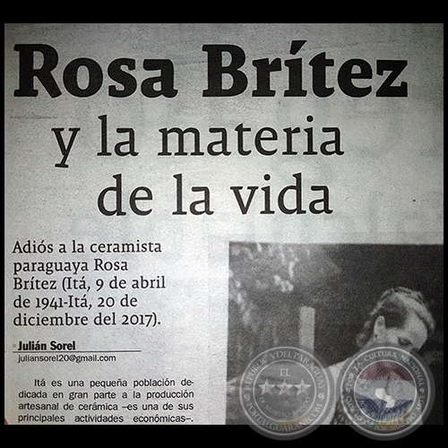 ROSA BRÍTEZ Y LA MATERIA DE LA VIDA - Por JULIÁN SOREL - Domingo,  24 de Diciembre de 2017